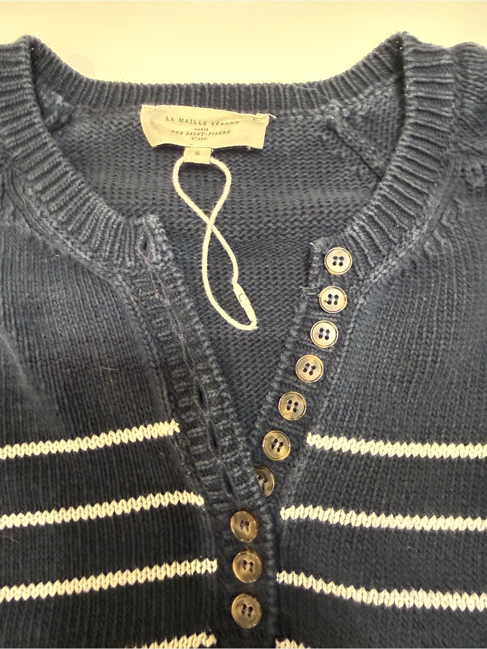 Sezane Navy and White Striped Henley Pullover Size Small - Picture 3 of 7